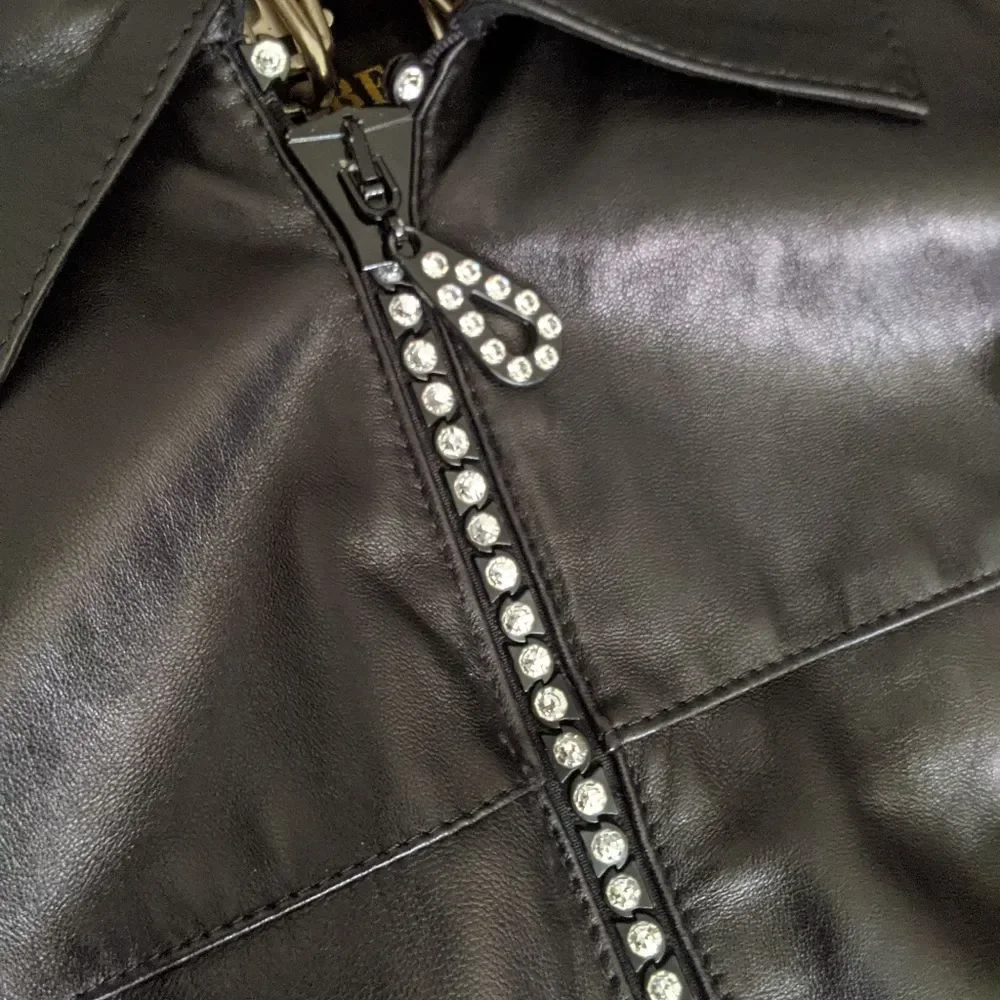 Isabel Black Real Leather Crystal Zipper Jacket XS